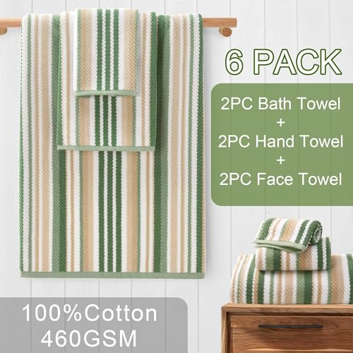 VOOVA & MOVAS Striped Towels 6 Pack, 100% Cotton, Sage Green - color: Sage + Green + Beige Striped, size: 6 PCS Bathroom Towels
