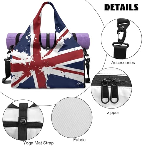 Union Flag Print Womens Gym Bag Yoga Mat Bags with Double Zipper Sports Bags with Shoe Compartments, Navy Blue Shoulder Bag for Fitness Weekender - color: Union Flag