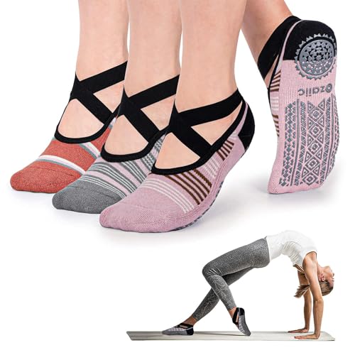 Ozaiic Pilates Socks for Women Non Slip Grip Yoga Barefoot Indoor Workout | Breathable cotton grippy sock, slipper sticky socks, one size fits women for barre, ballet, dance, hospital, home - color: 3 Pairs -Orange/Pink/Gray