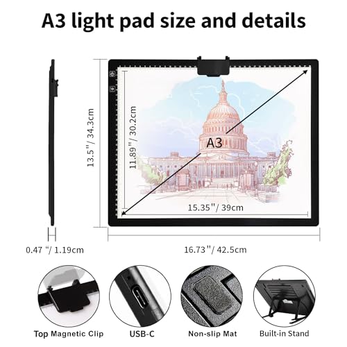 Rechargeable A3 Light Pad for Diamond Painting,Tracing Light Box with Stand and Clip,3 Colors Stepless Dimmable and 6 Levels of Brightness Light Board for Artists,Drawing,Sketching,Animation