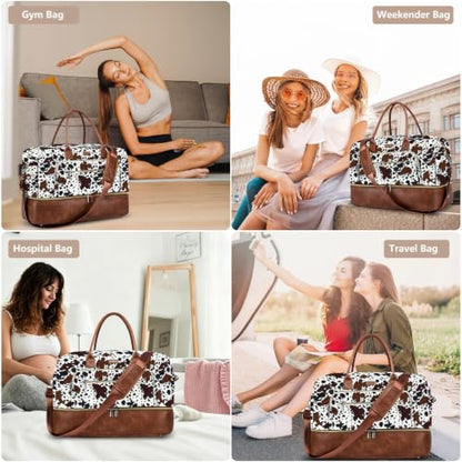Large Women Travel Weekender Bag: Carry on Duffle with Shoe Compartment | Overnight Duffel Bags with Wet Pocket, Crossbody & Toiletry Bag, 3PCS Womens Traveling Tote Set for Hospital Gym Weekend Trip - color: Brown Cow Print