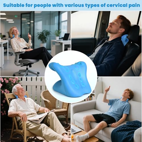 Neck Stretcher Cervical Traction Device, Neck Hump Corrector for TMJ Pain and Shoulder Pain Relief, Neck and Shoulder Relaxer, Ergonomic Pain Pillow for Spine (Blue)