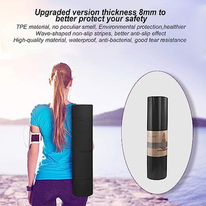 Yoga Mat 1/3" (8mm) Thick Non-Slip, Women Men Fitness & Exercise Mat, 72"Lx24"W Eco-Friendly TPE Workout Mat with Carrying Strap for Yoga, Pilates, Home Gym, Floor Exercises - color: Black