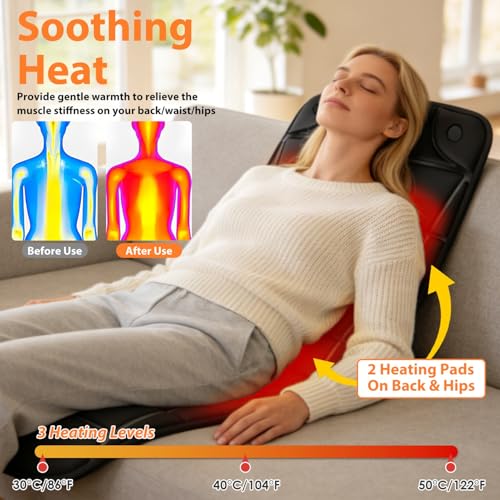 Vibration Massage Mat with Heat – Full Body Electric Massager Mattress Pad, 10 Motors, 9 Modes, 9 Intensities, 3 Heating Levels, 3 Timer Settings, Storage Bag, Earplugs, for Neck Back Waist Hips Legs - size: 57.8x19.7x1.2 in