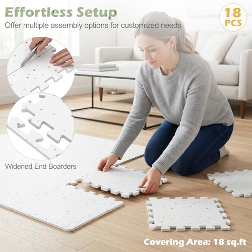 Giantex 18 PCS Interlocking Exercise Mat, 18 Sq.Ft EVA Foam Floor Tiles with Borders, 0.4" Thick Non-Slip Puzzle Workout Mats, Protective Gym Flooring for Home Gym, Garage, Basement, Terrazzo - color: Terrazzo, size: 18 Sq.Ft (18 Tiles)