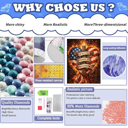 Patriotic Diamond Painting Kits for Adults, American Diamond Art for Adults | Full Round Drill Paint by Diamond, American Flag Diamond Art Painting, Gem Arts and Crafts for Adults Beginners 12x16 Inch - color: Amercian Heart