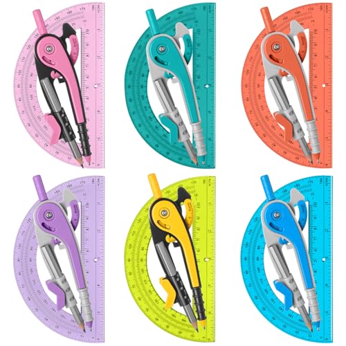 Chengu 6 Set Compass and Protractor Set, Operation Christmas Items Bulk Multicolor Compass Geometry Tool 6 Inch 180 Degree, Math Graphing Drawing Tools for Office and School Supplies