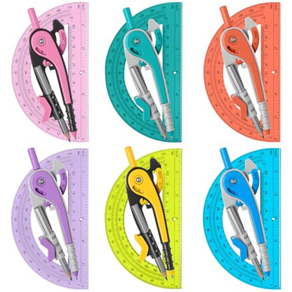 Chengu 6 Set Compass and Protractor Set, Operation Christmas Items Bulk Multicolor Compass Geometry Tool 6 Inch 180 Degree, Math Graphing Drawing Tools for Office and School Supplies