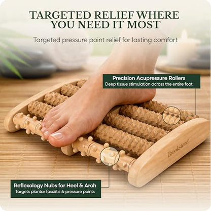 Brookstone Foot Massager Roller Plantar Fasciitis Pain Relief - Wooden Under Desk Feet Massage - Dual Manual Heel Massagers - Wood Rolling Acupressure Tool with Reflexology Guide - Gift for Men, Women