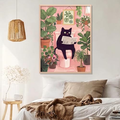 Black Cat Diamond Art Kits for Adults Beginners 12x16 IN, DIY Craft Gift | Cat on The Toilet Diamond Painting Kits for Adults, Stress Relief, Home Wall Decor, Cat 5D Full Round Drill Gem Art - color: DP-US04