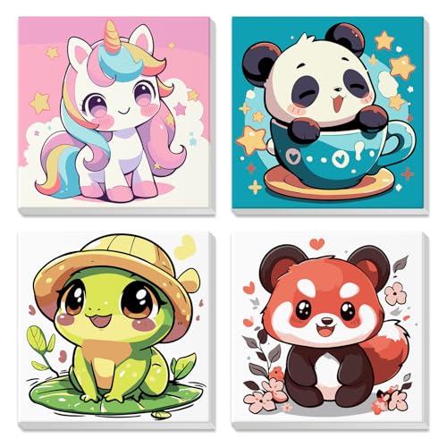 4 Pack Paint by Numbers for Kids with Wooden Framed, Cute Cartoon Unicorn, Panda, Frog, Paint by Number Kits on Canvas for Beginner, Acrylic Oil Painting Kits for Home Decor 8x8 inch, Kawaii Animals - color: green-animal