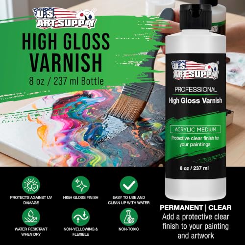 U.S. Art Supply 8 oz Acrylic Sealer, High Gloss Varnish for Acrylic Painting - Non-Yellowing, Clear Coat Protective Finish with UV Protection for Paint - size: 8-ounces