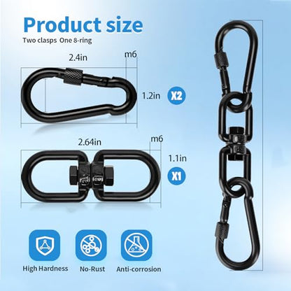 Aheucndg 380 lb Capacity Heavy Duty Double Ended Eye Hook with Snap Hook, SUS304 Swivel Hooks 1Pack + Snap Hooks 2Pack, for Aerial Yoga, Hanging Hammock, Web Tree Swing, Swing Spinner M6 Black - color: Black, size: 6mm