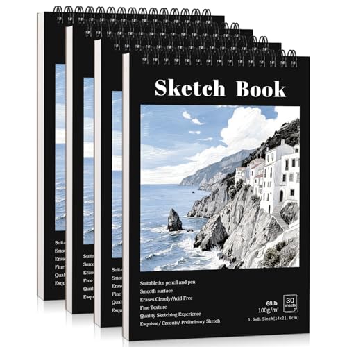 4 Pack Small Sketch Books 5.5 × 8.5 in, Spiral Bound, Black | 100gsm Acid-Free Paper, 30 Sheets Each, Dry Media Friendly, Hardcover Backing, Travel & Classroom Use - color: Black, size: 5.5 × 8.5Inch（4 Pack）