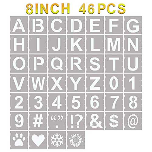 YEAJON 46 Pcs Letter Stencils Symbol Numbers Craft Stencils, Reusable Alphabet Templates Interlocking Stencil Kit for Painting on Wood, Wall, Fabric, Rock, Chalkboard, Sign, DIY Art Projects(8 Inch) - size: 8 INCH