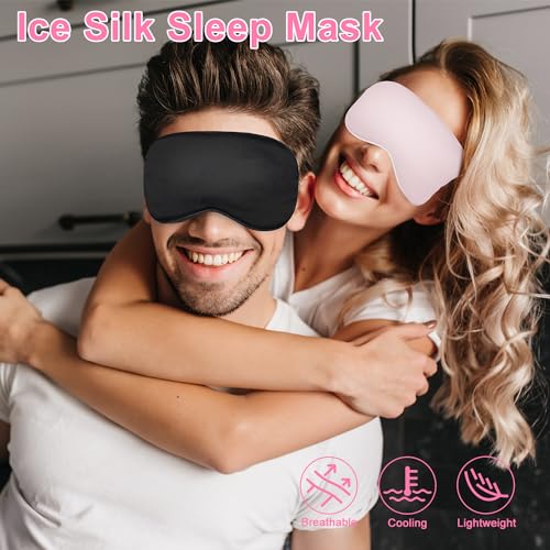 Sleep mask w/Cooling Gel Eye Mask, 2Packs Heated Eye Mask for Sleeping, Reusable Ice Silk Blackout Eye Cover Sleeping Mask for Travel, Home, Office, Yoga, Stocking Stuffers (Black+Pink) - color: Black & Pink