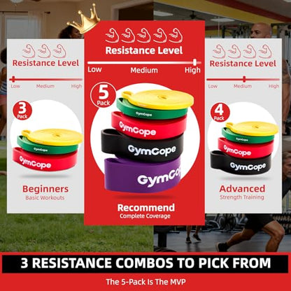 GymCope Pull Up Resistance Bands - Assistance Bands Sets of 3/4/5 for Men & Women, Heavy Duty Workout Exercise Bands for Body Stretching, Muscle Training, Instruction and Carry Bag Included - color: 5-Pack (15~120lbs)