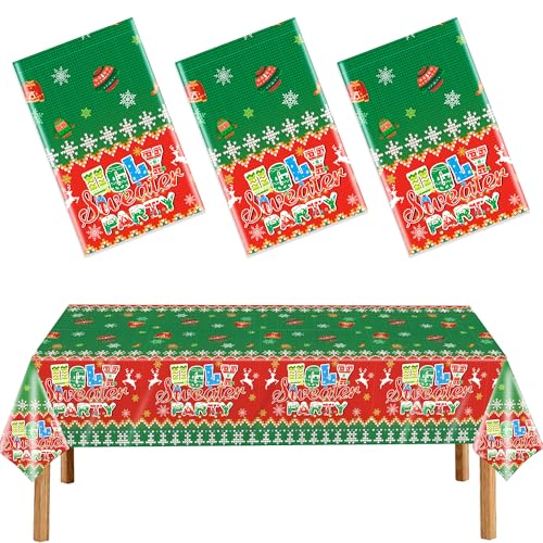 3Pcs Ugly Sweater Tablecloths,Christmas Plastic Table Cloth Rectangular Table Covers for Christmas Ugly Sweater Party Supplies Decorations(108 x 54 Inches) - color: Xmas Ulgy Sweater