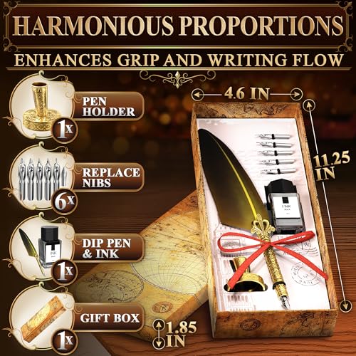Quill Pen and Ink Set with 5 Nibs, Stainless Steel Dip Pen, Stand | Golden Writing Quill and Ink Set with Gift Box; Anti-Slip Patterned Grip for Signing & Writing | Calligraphy Gift - color: Gold