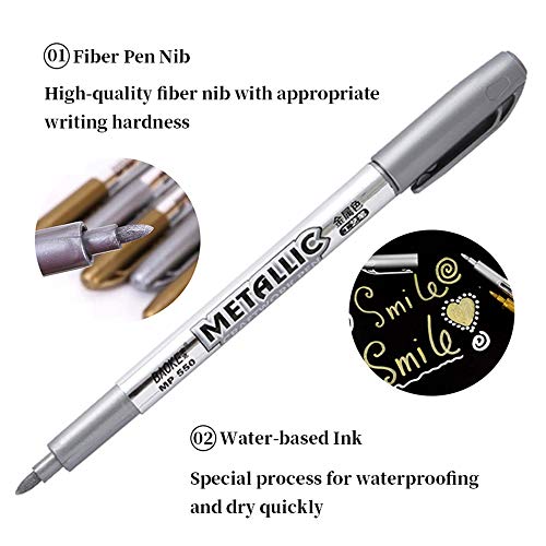 MYARTOOL Metallic Marker Pens, Silver Metallic Permanent Markers for Artist Illustration, Crafts, Gift Card Making, Scrapbooking, Fabric, DIY Photo Album, Value Set of 8 - color: Silver