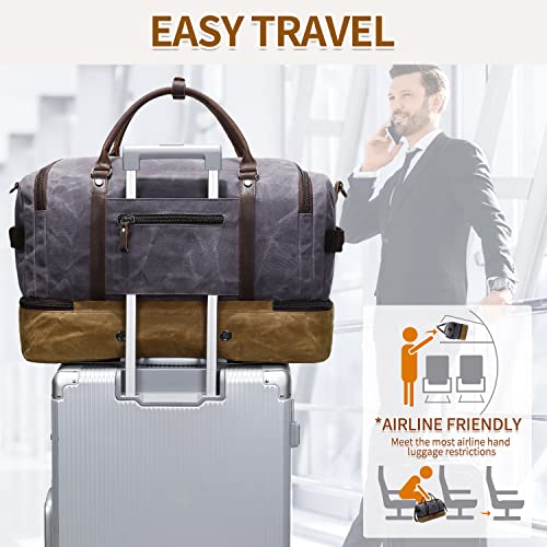 Nerlion Weekender Bag with Shoe Compartment Large Overnight Bag for Men Canvas Genuine Leather Carry on Luggage Bag Travel Duffel Bag(Gray) - color: Gray