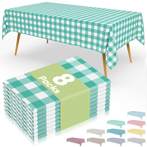 Smiry 8 Packs Gingham Disposable Table Cloth, 54 x 108 Inch Waterproof Plastic Tablecloth, Rectangle Teal and White Checkered Table Covers for Picnic, Birthday, Party - color: Teal and White, size: 54"x108" (Pack of 8)