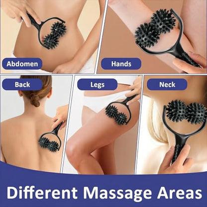 Handheld Spiky Massage Balls Rollers, 2 Wheel Spiky Silicone Manual Massage Roller with Ergonomic Handle, Portable Pressure Point Muscle Massages Tool for Foot Arm Body Neck Leg Pain Pressure Relief - color: Black