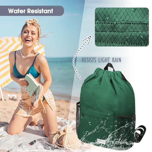 Waterproof Drawstring Backpack Sports Gym Sackpack with Mesh Pockets Water-Resistant String Cinch Beach Bag for Men Women - color: Solid - Green