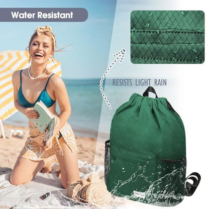 Waterproof Drawstring Backpack Sports Gym Sackpack with Mesh Pockets Water-Resistant String Cinch Beach Bag for Men Women - color: Solid - Green