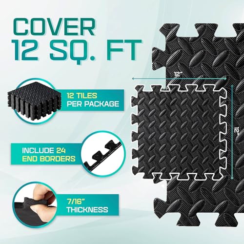 Yes4All 12,16,36 SQ.FT Puzzle Exercise Mat for Home Gym, EVA Interlocking Foam Floor Tiles with Border for Workout Equipment