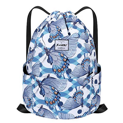 XEYOU Drawstring Backpack Bag Sport Gym Sackpack Beach Cinch Bag | Lightweight Swimming Bag, Water-Resistant Fabric, Travel Daypack for Women and Men - color: Blue Butterfly