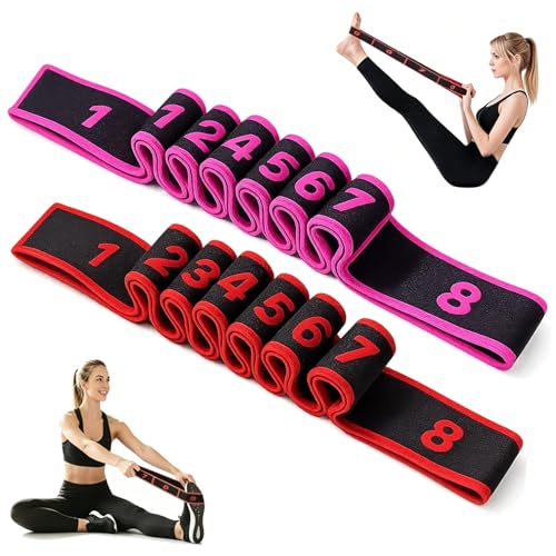 Fitness Stretch Belt, 8 Loop Resistance Band Elastic Training Strap with Numbered Markings for Full Body Workout Physical Therapy, Pilates, Dance & Home Fitness - color: Red & Pink