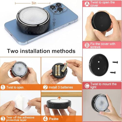 LED Puck Lights with Remote Battery Operated Under Cabinet Lighting Wireless Stick on Lights Color Changing Timer Tap Lights for Cabinets Shelves Closets Display Case - 6Pack Black | 3x1.2in, Wireless, Adhesive Stick on, Push Tap Lights for Cabinet, Kitch