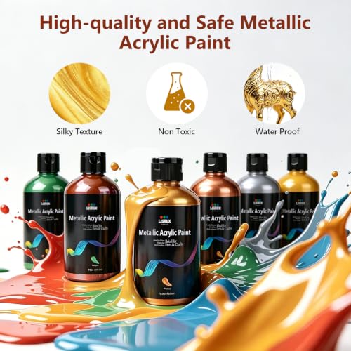 LISRUX Metallic Acrylic Paint, 8.5oz/251ml Each Metallic Paint, 6 Colors - Acrylic Paint Set, Non-Toxic & Non-Fading Metallic Paint Acrylic for Art, Crafts & Multi-Surface Projects - color: Gold, Silver, Copper, Verdigris, Bronze, Champagne Gold, size: 8.