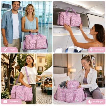 FIORETTO Women's Gym Duffle Bag with Shoes Compartment, 30L Capacity, Ideal for Travel, Gym, Sports, Duffel, Weekender - color: Leopard Pink, style: Gym Bag With Toiletry Bag