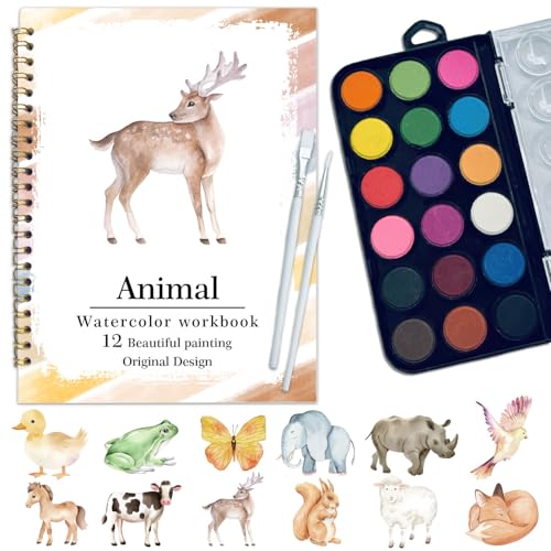 Watercolor Workbook, Water Coloring Book, 12 Different Patterns of Original DIY Designs, 18 Colors Watercolor Set, Beginner-Friendly Watercolor Workbooks (Animals), Perfect Gifts for Adults - color: animal