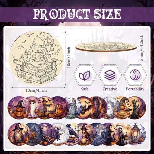 Reallnaive 77 Pcs Halloween Coasters Painting Kit, 20 Set Wooden Drink Coasters 4 Inch with Holder & Markers Boho DIY Crafts for Adults, Women, Hobby, Color Your Own Art Craft Supplies - style: Halloween
