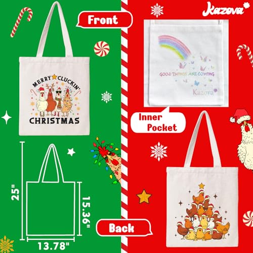Kazova Merry Cluckin Tote Bag Funny Christmas Chicken Tote Bag for Women Xmas Holiday Canvas Handbag with Long Handles Reusable Grocery Shopping Beach Cotton Handbag - color: Cluckin