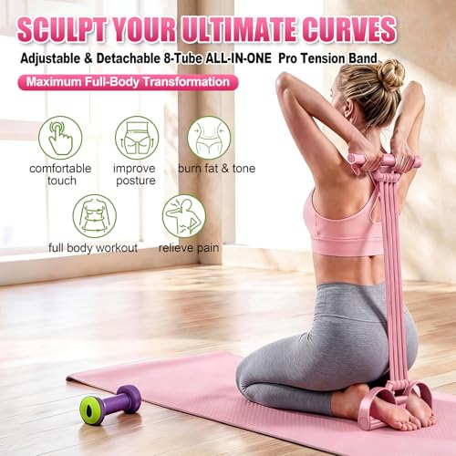 Foot Pedal Resistance Bands with Handles, Multifunction Elastic Yoga Exercise Bands, Home Gym Fitness Equipment for Women & Men to Tone Abs, Core, Legs, Arms, Waist - color: Multi-Pink