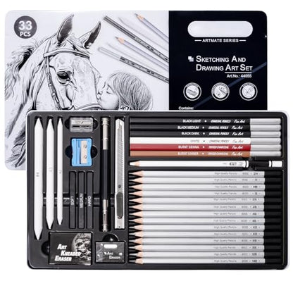 Drawing Sketching Pencil Set, 33 PCS Graphite and Charcoal Pencils with Blending Stumps, Erasers, Art Knife & Pencil Extender in Metal Box, Artist Sketching Supplies for Drawing & Shading - style: 33 Pcs