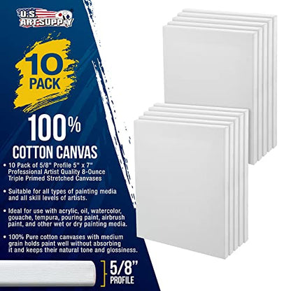 U.S. Art Supply 5x7 inch Stretched Canvas for Painting Super Value 10-Pack - Triple Primed Professional Artist Quality White Blank 5/8" Profile, 100% Cotton, Heavy-Weight Gesso - Acrylic Pouring, Oil - size: 5" x 7"