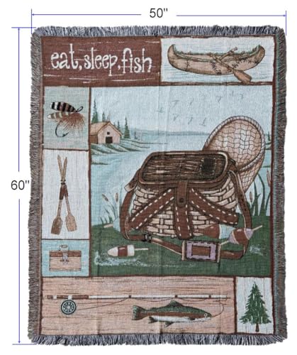 Go Fishing Camping Woven Tapestry Throw Blanket 50 X 60 Inches | Wall Hanging Art, Handicrafts Jacquard, Multipurpose Soft Travel Mat, Outdoor, Fringe Tassels - color: Camping