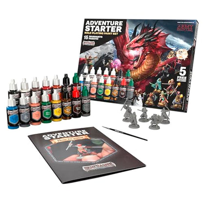 The Army Painter, GameMaster Adventure Starter Set, 15 x 18 ml | 15 x 18ml Warpaints Fanatic Acrylic paints, incl. a Brush-On Primer, 5 FREE Miniatures & 1 Brush - For Warhammer & Dnd - color: Adventure Starter Paint Set