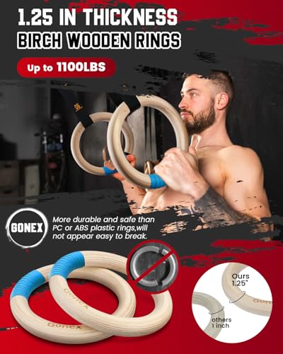 Gonex Wooden Gymnastic Rings with Adjustable Straps, 8.7 ft | Birch Wood Rings, Quick-adjust Carabiners Buckle Numbered Straps, Home Gym & Outdoor Training, Full-body Strength Workouts - style: 32mm Birch Wooden Ring & Buckle Numbered Straps