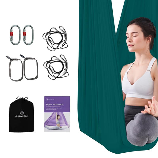 Aerial Yoga Hammock Swing, 4.5 Yards, Aerial Silks with Hardware | Knitted fabric with extension straps and a pose guide for aerial yoga, home gym and studio practice, suitable for all levels - color: Teal, size: 5.5 yards
