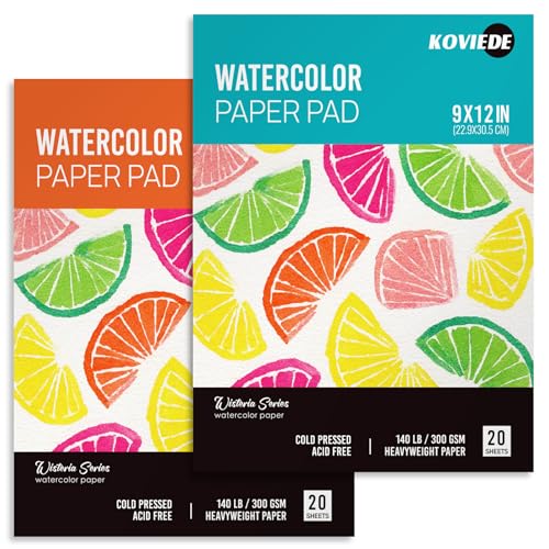 KOVIEDE Watercolor Paper Pad 9"x12" (2 Pack, 20 Sheets Each) - 140LB/300GSM Water Color Paper, Cold Pressed Sketchbook for Acrylic, Gouache & Pencil, Artist, Students, Art Supplies - color: Orange+Blue, size: 2 Pack - 9"x12"