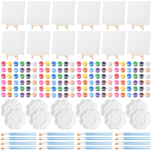 Qilery 12 Set Canvas Painting Kit, Mini Canvas with Wooden Easels Acrylic Paints Strips, Brushes, Palette, Art Set for Acrylic Oil Watercolor Adults Birthday Party Favors(6 x 6 Inch) - size: 6 x 6 Inch