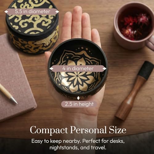 Silent Mind Tibetan Singing Bowl Set – Easy to Play & Beginner Friendly Meditation Bowl with Cushion, Mallet & Case | Stress Relief & Mindfulness | Gift-Ready - color: Coal Black, size: With Case