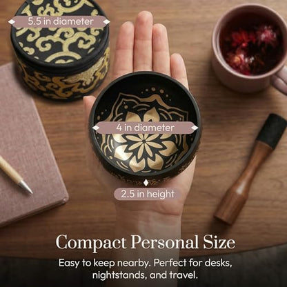 Silent Mind Tibetan Singing Bowl Set – Easy to Play & Beginner Friendly Meditation Bowl with Cushion, Mallet & Case | Stress Relief & Mindfulness | Gift-Ready - color: Coal Black, size: With Case