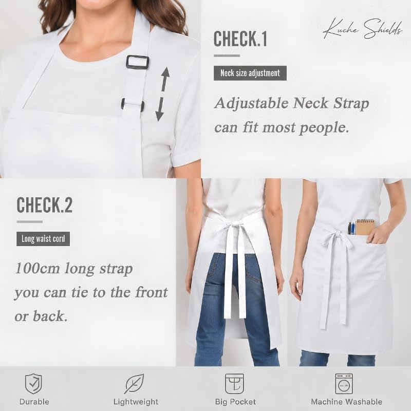 Polyester White/Black Bib Apron - 2 Large Pockets Women Aprons for Kitchen, Baking, Painting, and Halloween - color: White